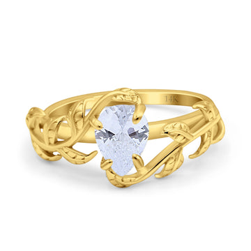 14K Yellow Gold Art Deco Leaves Pear Vintage Style Bridal Ring Simulated Cubic Zirconia Wedding Engagement Ring